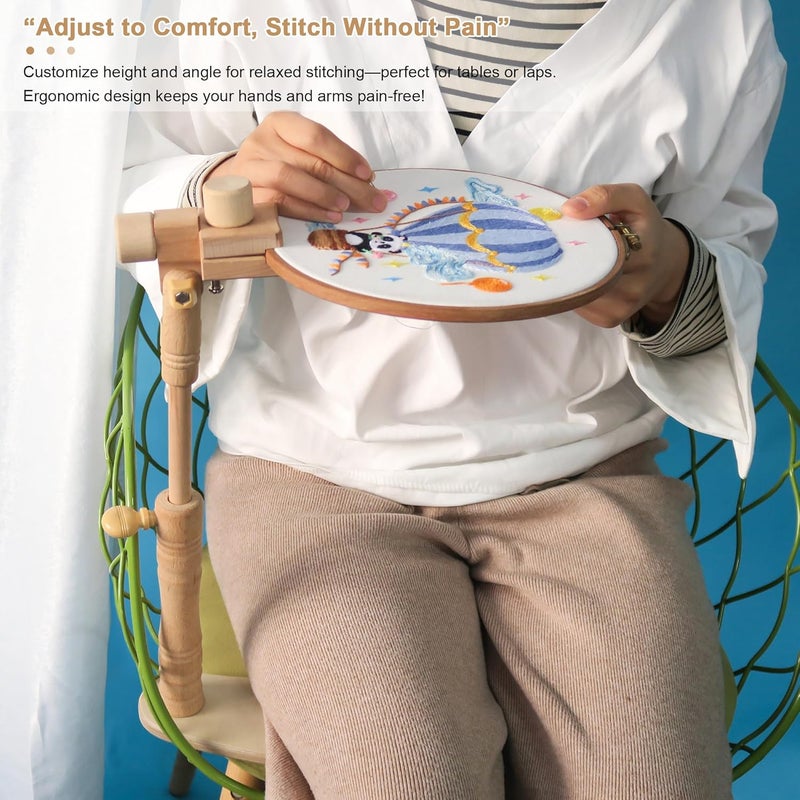 GuoFa Adjustable Embroidery Hoop Stand, Beech Wooden Cross Stitch Holder, Embroidery Lap Stand for Needlework, Tabletop Seat Frame Stand for Embroidery and Cross Stitch - Image 2